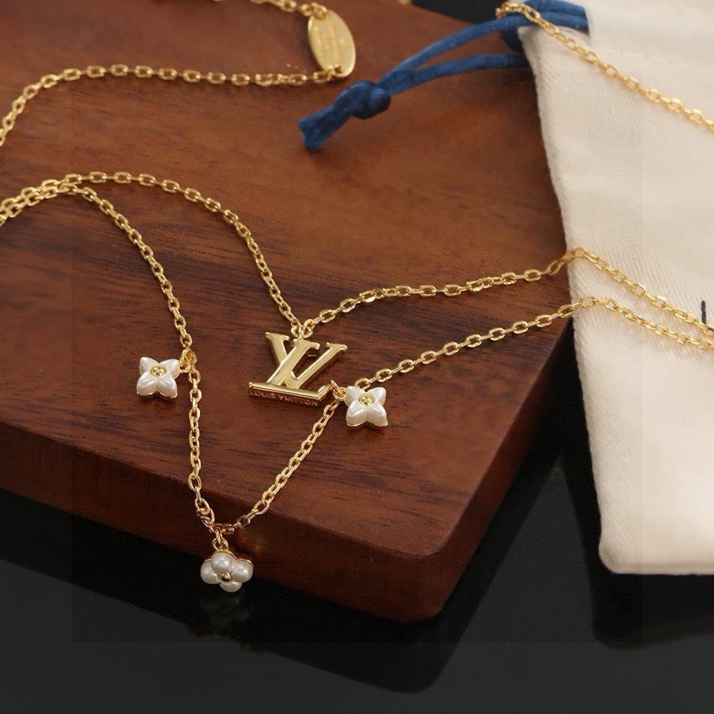 Louis Vuitton Double Layered Gold Chain Necklace with Pearl Charms